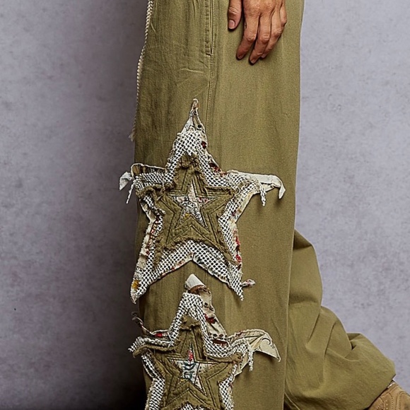 POL Denim Embroidered Stars Boho Patchwork Joggers Pants Women’s Olive Relaxed - Picture 3 of 8